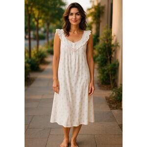 Miss Elaine Gown Pink White Sleeveless V-Neck Lace Trim Women's Medium New Tags